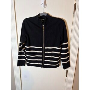 Calligraphie Women Black White Striped Full Zip Cardigan Sweater Petite Small PS